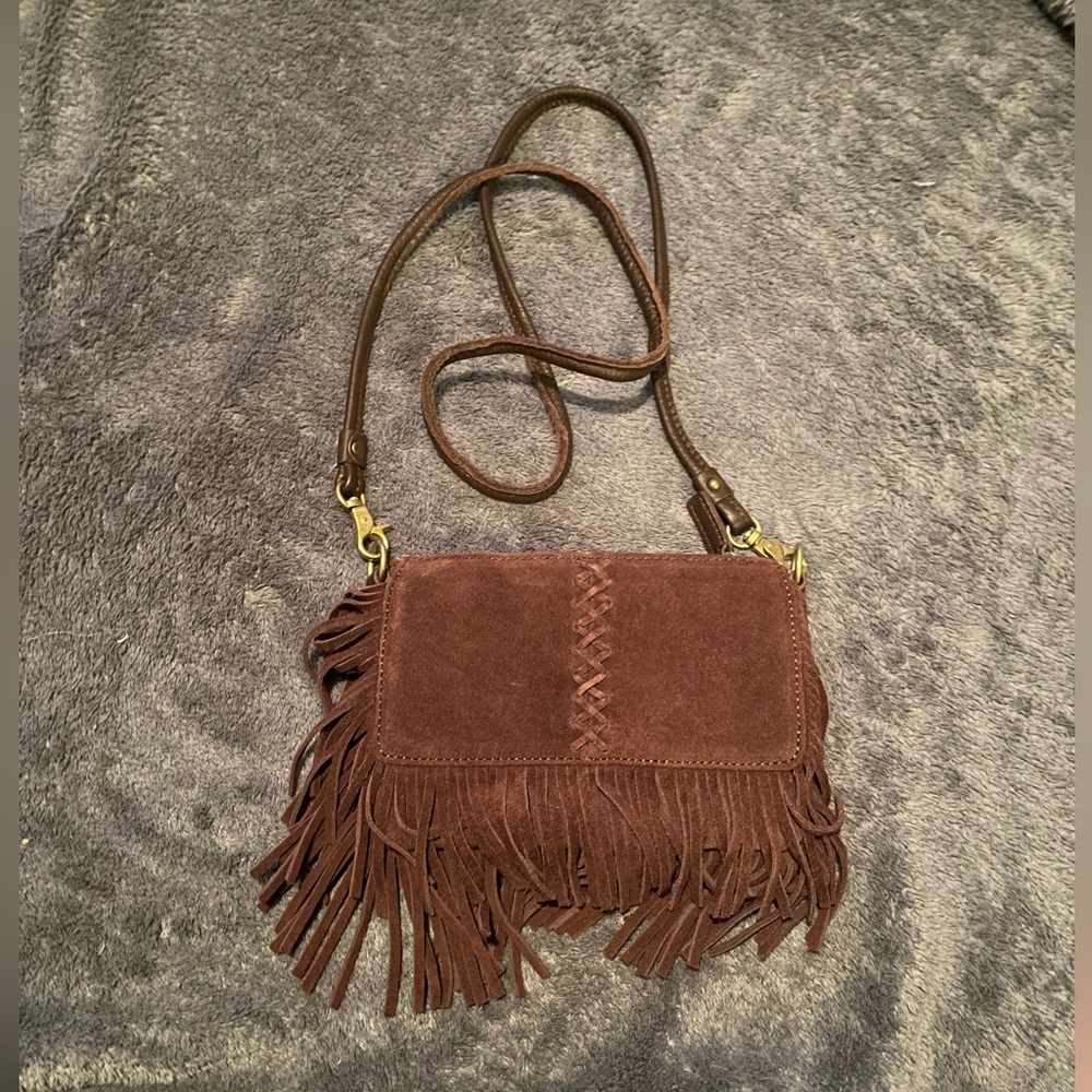 Minnetonka brown suede leather Fringe handbag purse crossbody magnetic closure